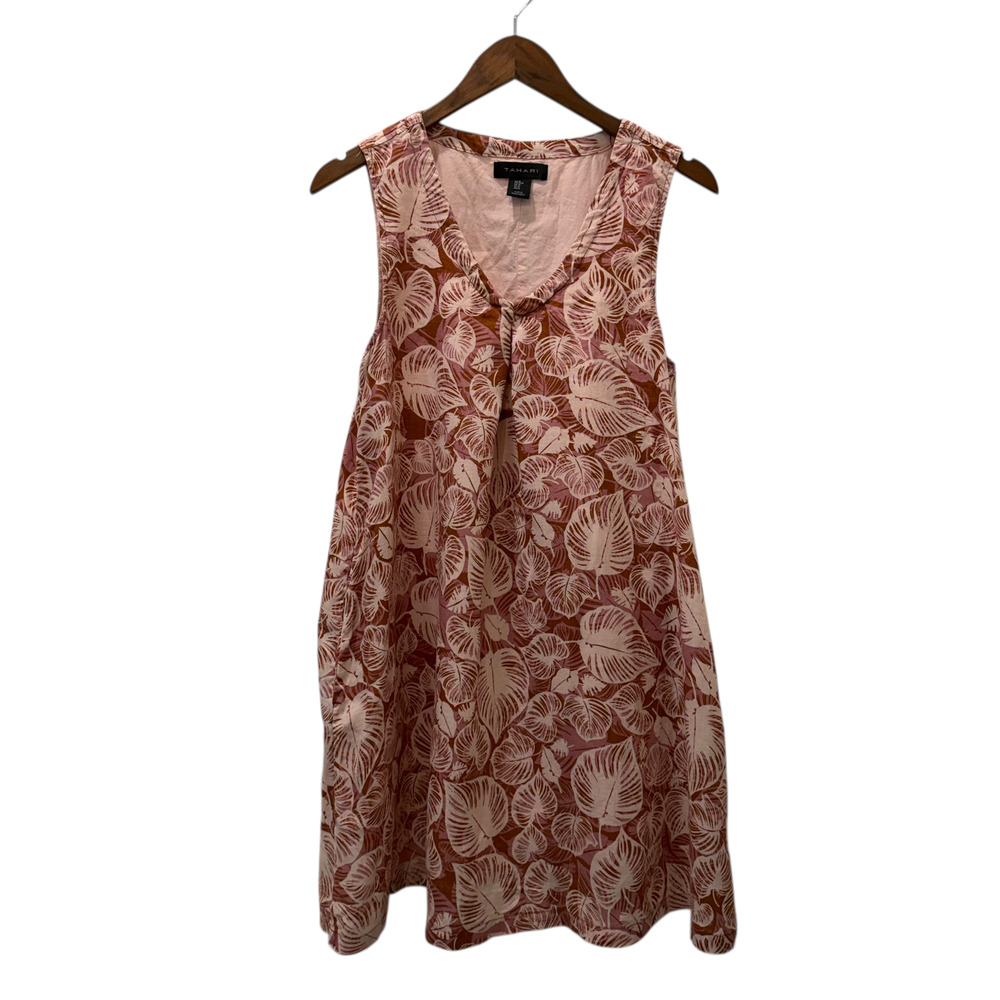 Tahari Dress Womens Medium Pink Tropical Leaf Linen Shift Sundress Pockets